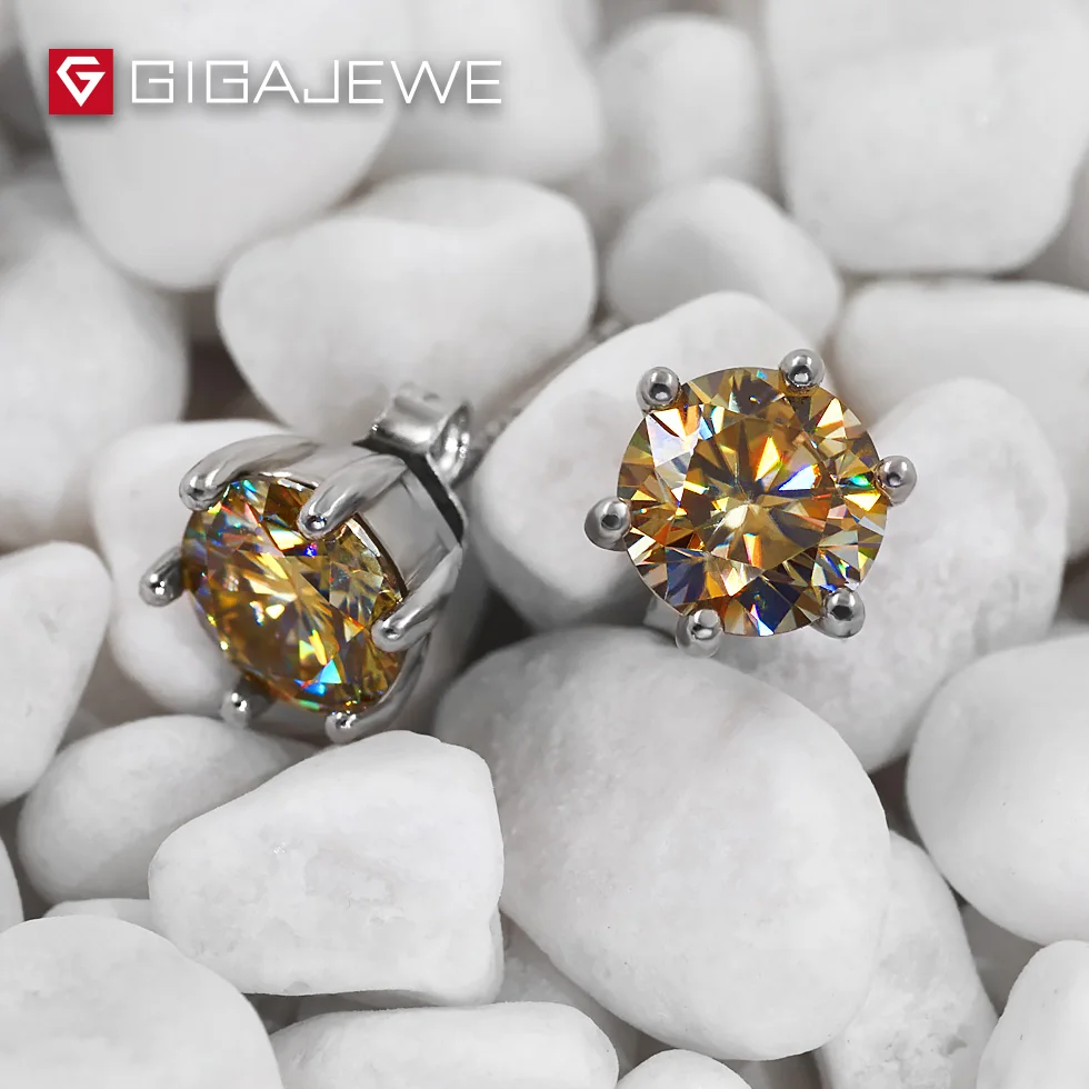 GIGAJEWE Муассанит Золотая круглая огранка общая 1.6ct выращенные лабораторно алмазы 6 зубцов Серебряные серьги Модные украшения подарок девушке