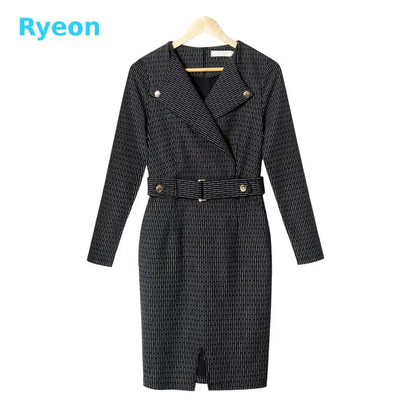 2016 European Ryeon Fashion Women Dress Turn-down Collar Slim Striped High Quality Simple Style Belt Free Shipping | Женская одежда