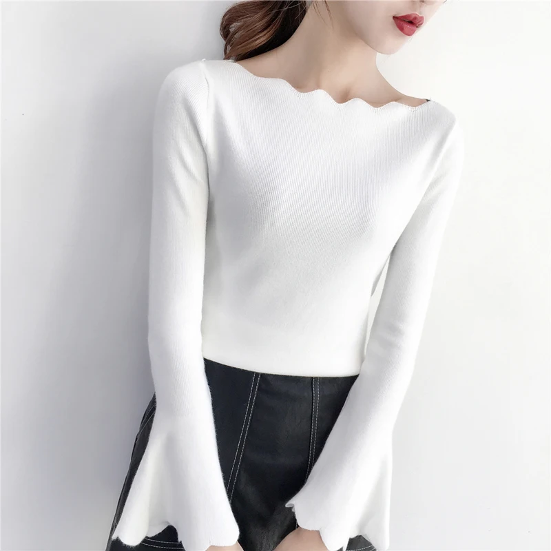 

Women Autumn Winter Sexy Slash Neck Pullover Sweater High Elasticity Knitted Soft Jumper Flare Sleeves Sweater Femme Top