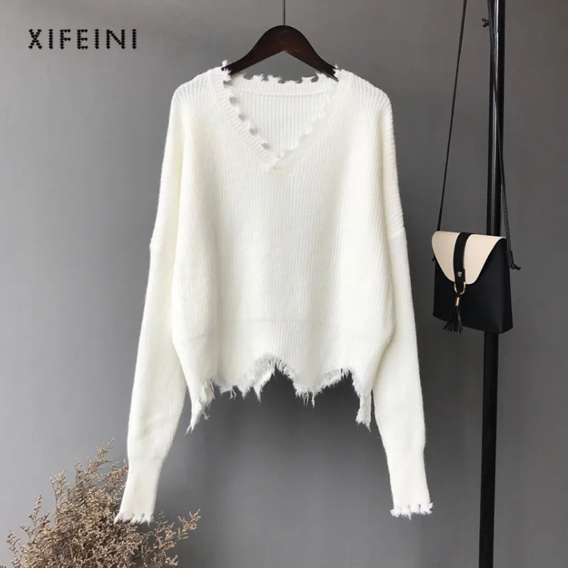XIFEINI Для женщин свитер кисточкой нищий нерегулярные леди новый 2018 V-образным