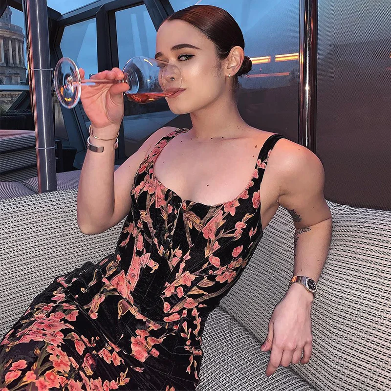 Черное бархатное платье корсет с цветочным рисунком|Женские платья| |