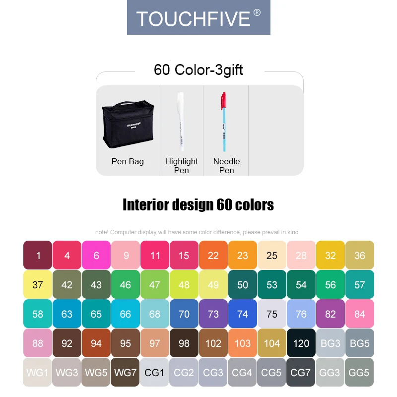 60 interior design TouchFIVE 30/40/60/80/168 набор цветных маркеров с двойным наконечником, спиртовая основа, хорошее смешивание чернил, профессиональное качество для рисования скетчей, манги, аниме - Цвет: 60 interior design