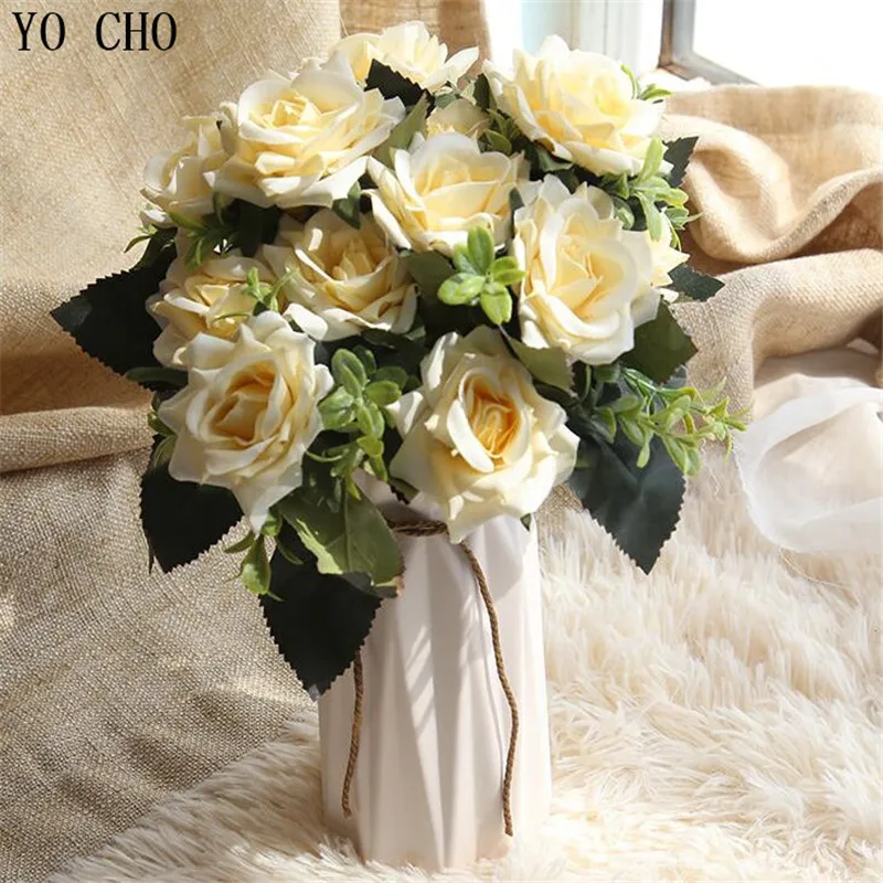 

YO CHO 1 Bouquet 7 Heads High Quality Silk Flower European Artificial Flower Green Vivid Rose Fake Leaf Wedding Home Party Decor