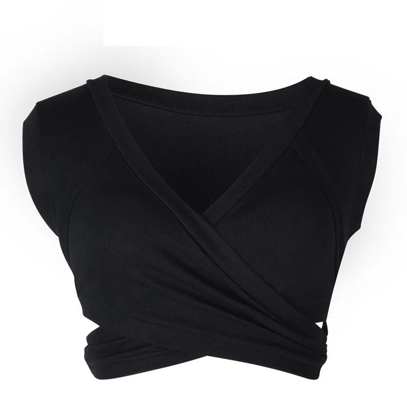 black Женский бандажный топ Chrleisure, летний однотонный короткий топ-майка без рукавов с V-образным вырезом, одежда для женщин - Цвет: black