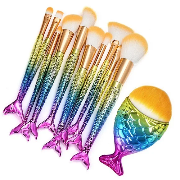 11PCS large Стиль 11 шт кисти для макияжа Профессиональные разноцветные русалки кисти для макияжа бровей косметические консилеры кисть для основы - Handle Color: 11PCS large