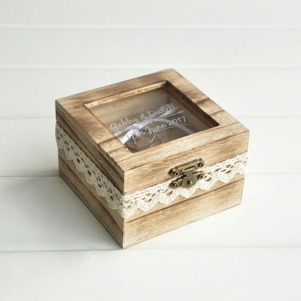 Персонализированная Коробка для колец деревянная коробка деревенский держатель