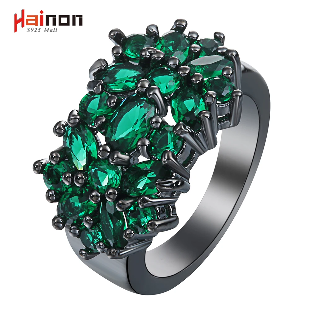 

New Flower Black Rings for Women Fashion Jewelry Gift Elegant Princess Green Stone Czech Zircon Engagement Ring Factory Price
