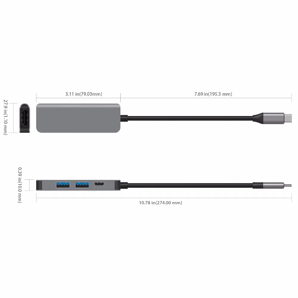 Тип C концентратора до 4K HDMI совместимых с PD и два USB-A 3 0 ключ для ноутбука или