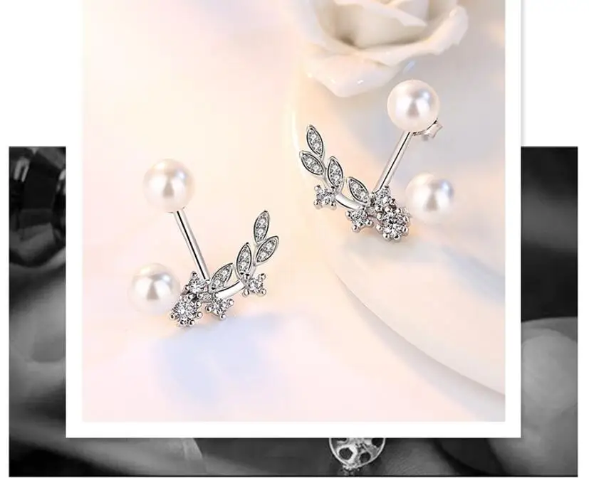 Anenjery, новинка, 925 пробы, серебряные серьги для ушей, спереди и сзади, двухсторонние лепестки листьев, циркония, жемчужные серьги-гвоздики, brincos S-E265