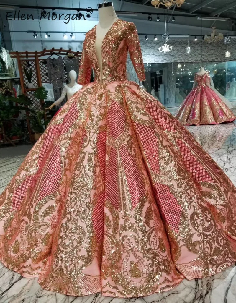 Saudi Arabian Long Sleeve Evening Dresses Glitter Pink Ball Gowns Pageant Miss Sheer V Neck Lace up Formal Event Dress Party2019 | Свадьбы и