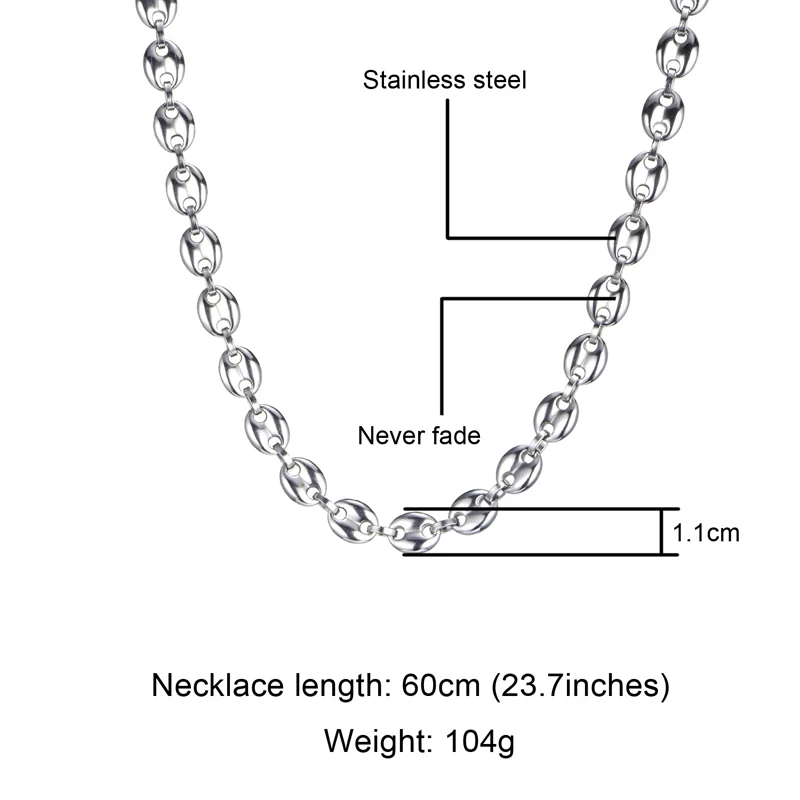 Silver color necklac US7 кофейные бобы цепочка 11 мм Ожерелье для мужчин из нержавеющей стали звено веревки цепь ожерелье s Мода хип-хоп мужские ювелирные изделия - Окраска металла: Silver color necklac