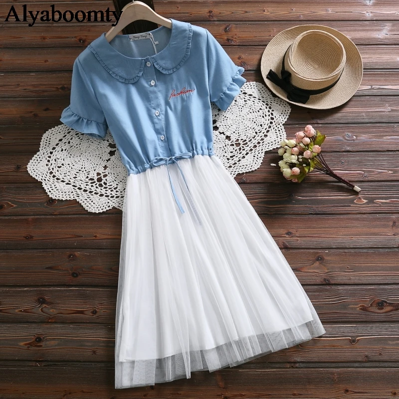 Женское платье в стиле преппи летнее милое с воротником Питер Пэн Тюлевое