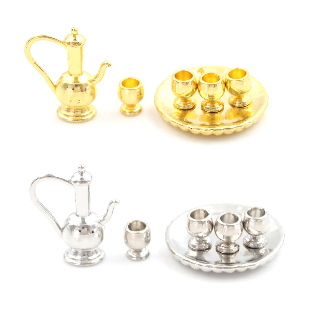 

DIY Dollhouse Tea Party Doll House Accessories Silver Classic Metal Teapot Set Dollhouse Miniatures 1:12 Accessories