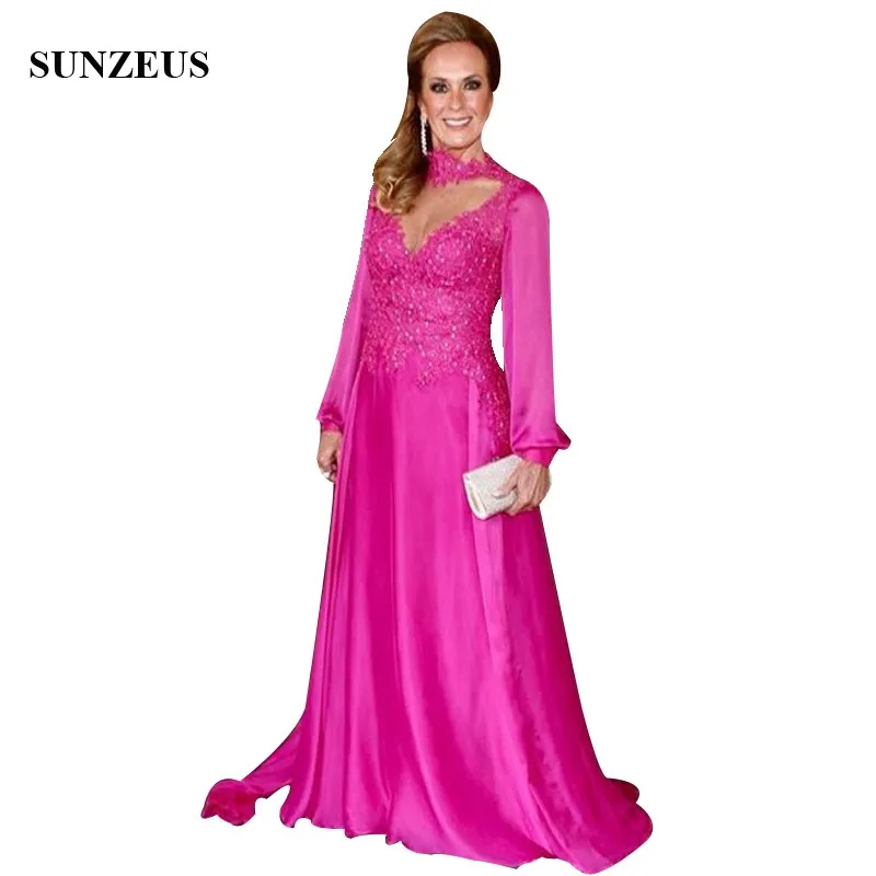

Appliques High Neck Long Sleeves Mother Of The Bride Dress With Keyhole Front Beaded Appliuqes Women Party Gowns Chiffon Long