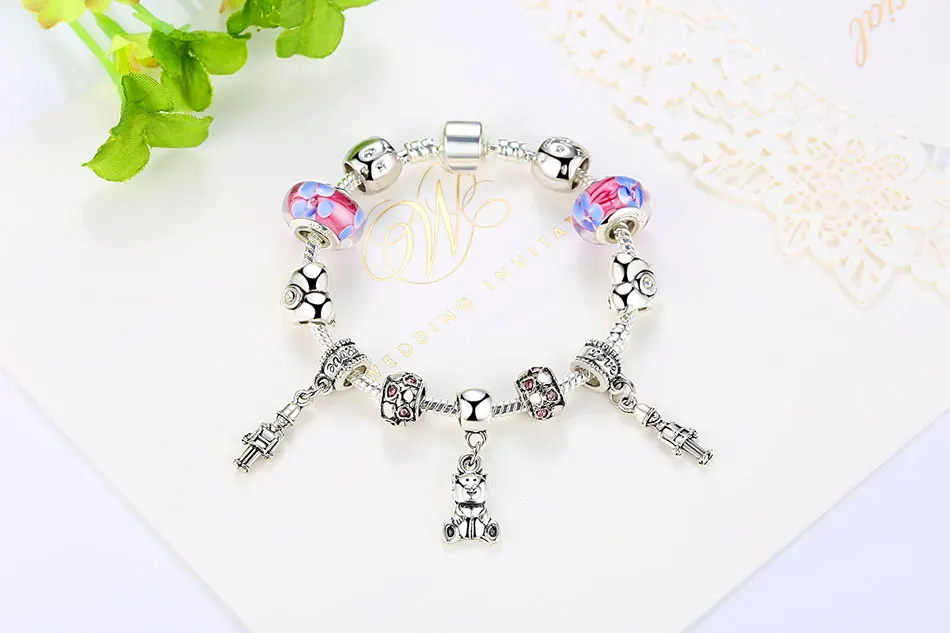Модный 925 серебряный милый детский браслет с кошкой hello kitty для женщин, детей, девочек, браслет с хрустальными бусинами и ювелирные изделия на запястье