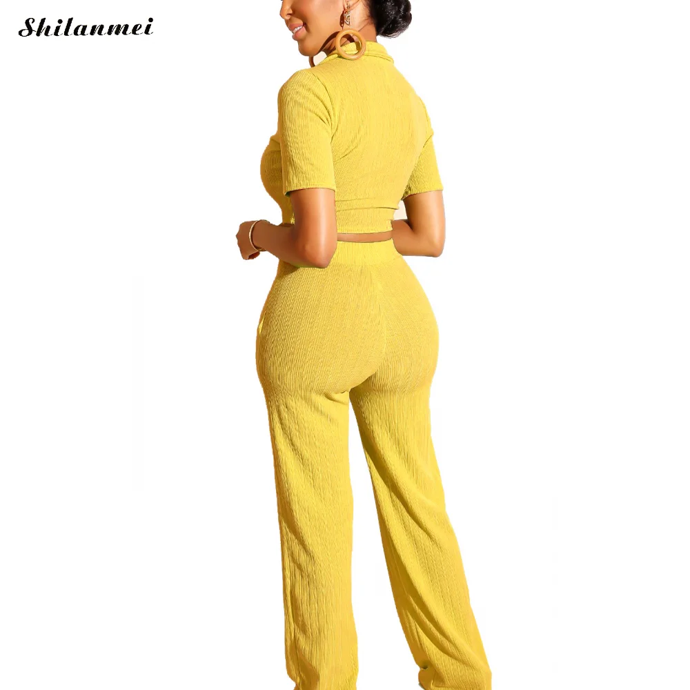 

Women Shrot Sleeve V-Neck Crop Tops And Wide Leg Pants Suits Sexy High Street 2 Pcs Set For Female Casual Solid Two Piece Set