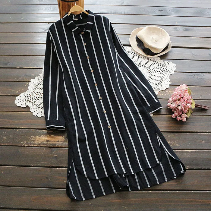 

New autumn ladies stripe tops cotton linen blusas long sleeves camisas womens clothing long shirt and blouse