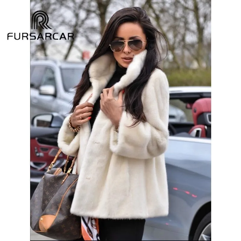 FURSARCAR, модная новинка, настоящая норковая шуба, женская зимняя уличная шуба белого цвета из натурального меха норки, женская шуба с меховым воротником