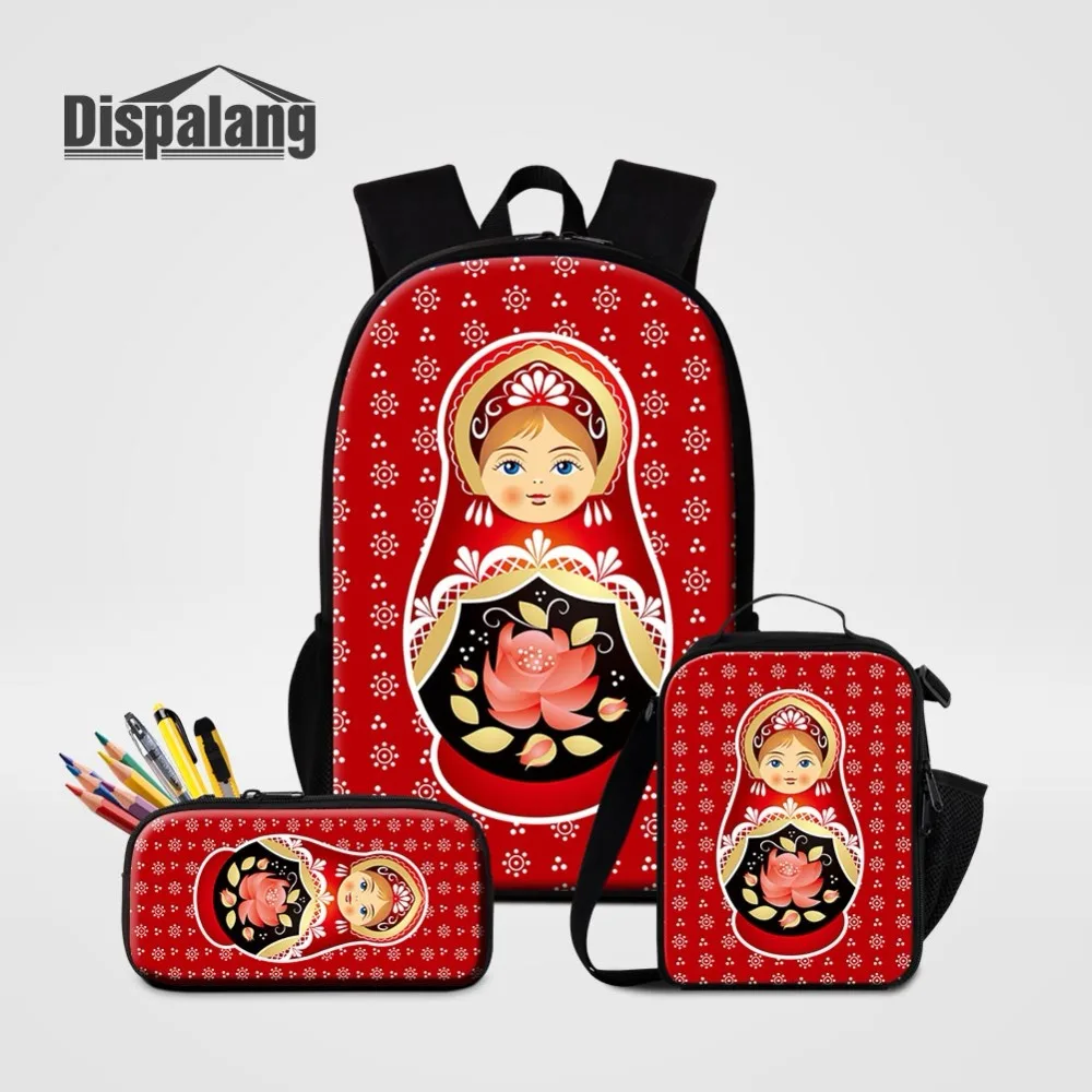 

Russian Mascot Matryona Print Backpack With Pencil Case Lunchbag 3 Set Cartoon Matryoshka Doll School Bag Girl Bookbags Bagpacks