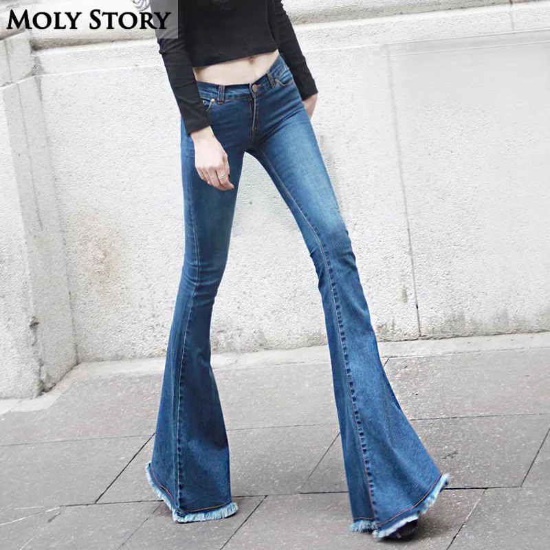 

Fashion New Vintage Fringe Flare Jeans Sexy Low Rise Skinny Jeans Femme Hippie Wide Leg Denim Pants Women