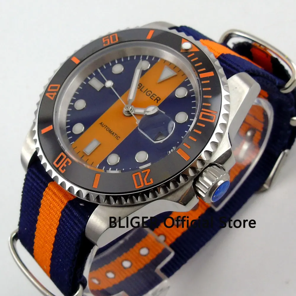 

Fashion 40MM BLIGER Orange Blue Dial Ceramic Bezel Wrist Watches Sapphire Crystal MIYOTA Automatic Movement Men's Watch B124