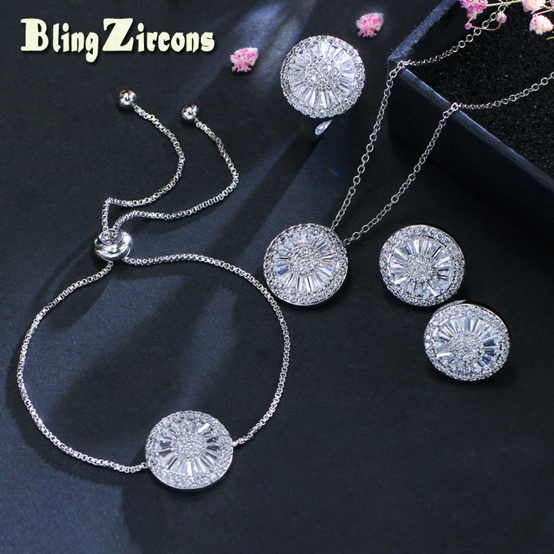 BeaQueen New Fashion Full Cubic Zircon Crystal Setting Round Stud Earring Bracelet Necklace Ring 4 Pcs Jewelry Sets JS112|Ювелирные