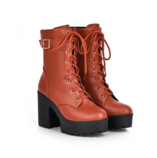 IPCCM Brand 2018 High Heels Boots Platform Sexy Lace-up Square Heel Mid-calf Motorcycle Ankle Size 35-43 | Обувь
