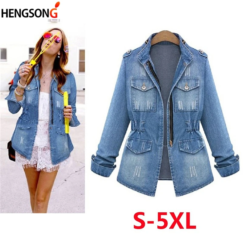 Женская джинсовая куртка HENGSONG размера плюс 5XL Модная Джинсовая с длинным рукавом