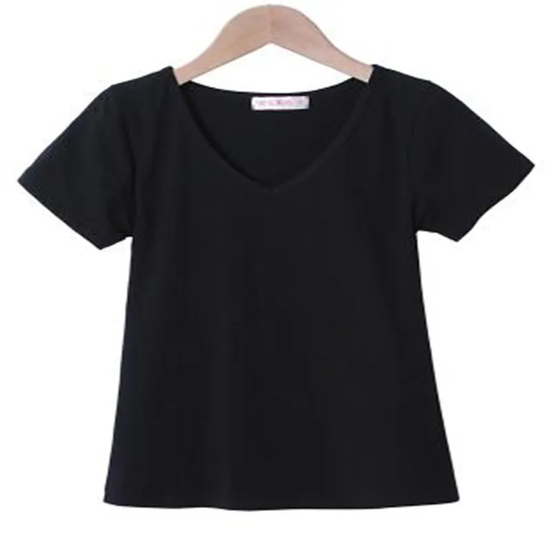 Весна-лето 2020 Женская хлопковая футболка черная с v-образным вырезом коротким