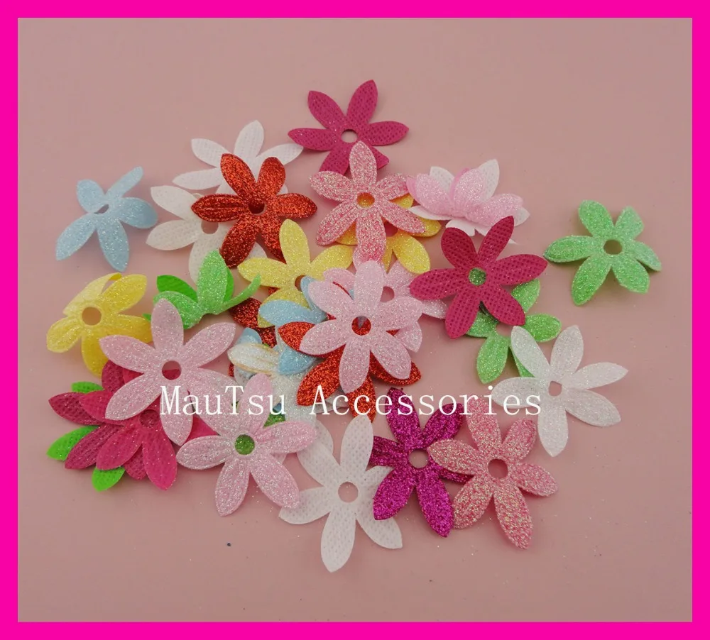 

50PCS 3.5cm*4.5cm 1.75" Hole Center Glitter Non-woven Flower Patches,Glitter Flower Felt Applique for Kids Boutique Accessories