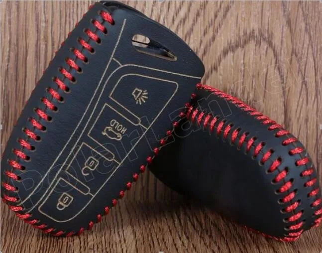 

Only Red factory promoted Car key case hand sewing real leathe car key cover fit for Hyundai Santa 4 button Grandeur(2011)