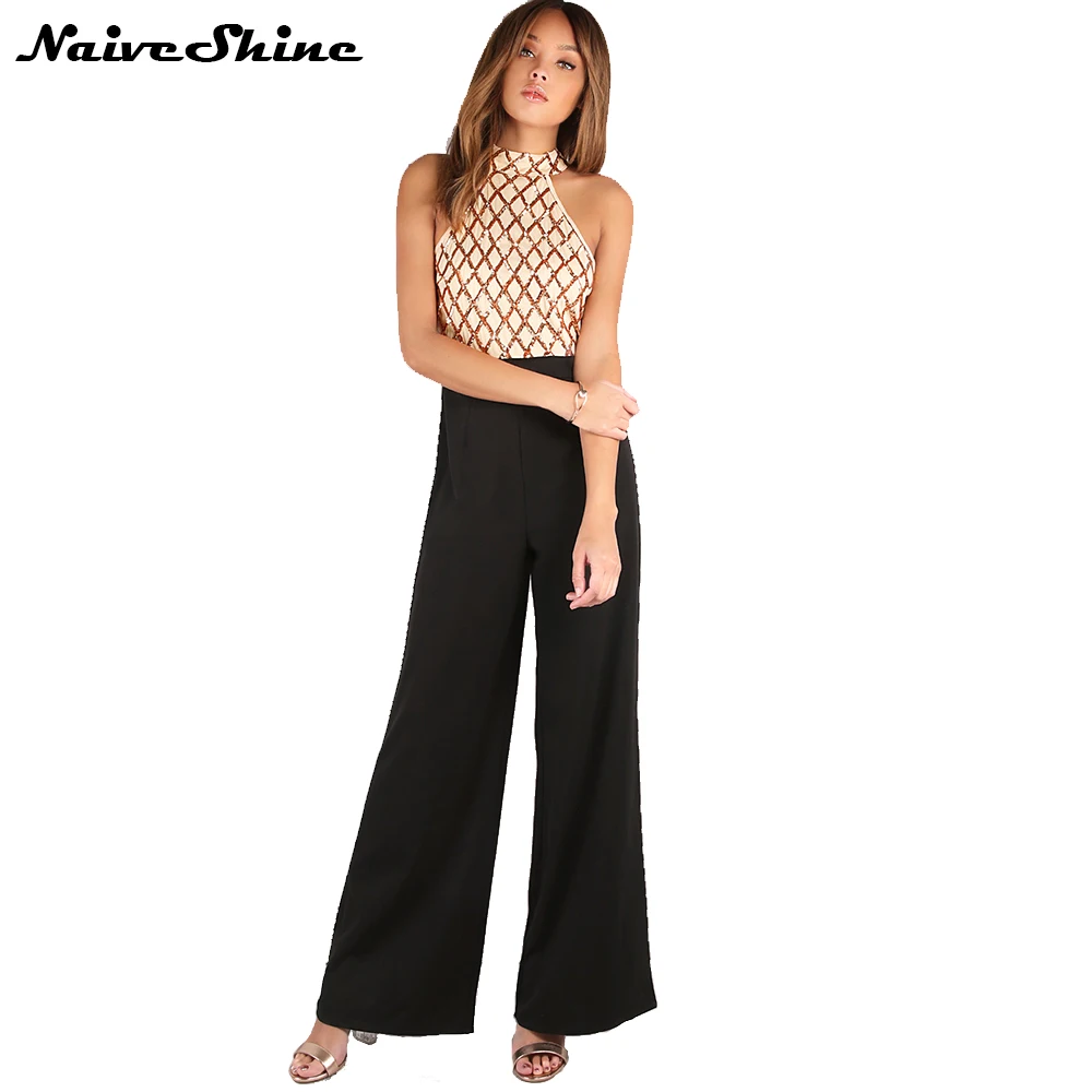 Naive элегантный блеск Холтер широкую ногу женские комбинезоны блесток в стиле