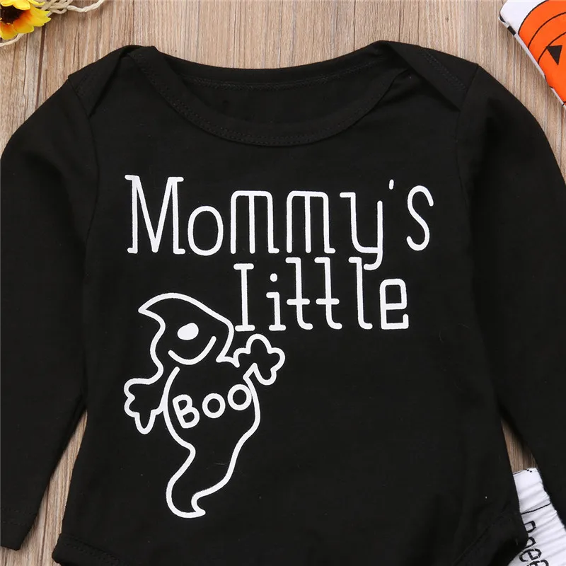 Adorable 3Pcs Halloween Clothing Baby Boys Girls Long Sleeve Letter Print Romper Tops+Long White Ghost Pants+Hats Infant Outfit | Детская