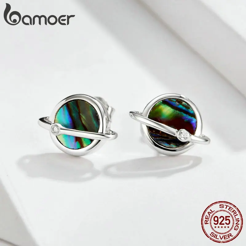 Коллекция bamoer Planet, серьги-гвоздики, Стерлинговое Серебро, 925 натуральный камень, раковина, Вселенная, серьги-гвоздики для женщин, модное ювелирное изделие BSE134