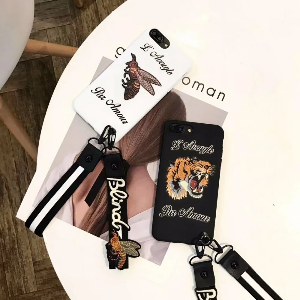 ZMASI Embossment Tiger Soft Cell Case for iPhone X 8 7 6 6s plus Relief Honeybee TPU Back Cover with Embroidery Lanyard |
