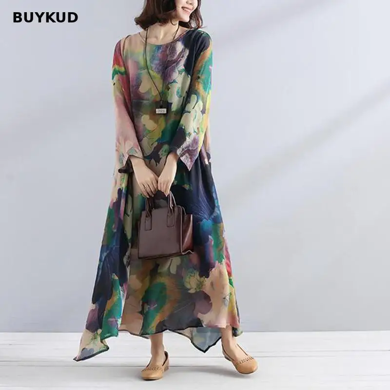 BUYKUD хлопковое льняное женское платье 2018 лето осень повседневное свободное Макси
