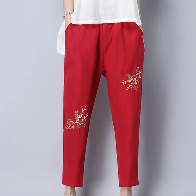 Kymakutu китайский Стиль Broderie Лен Pantalon женская одежда эластичный пояс осень Mujer с