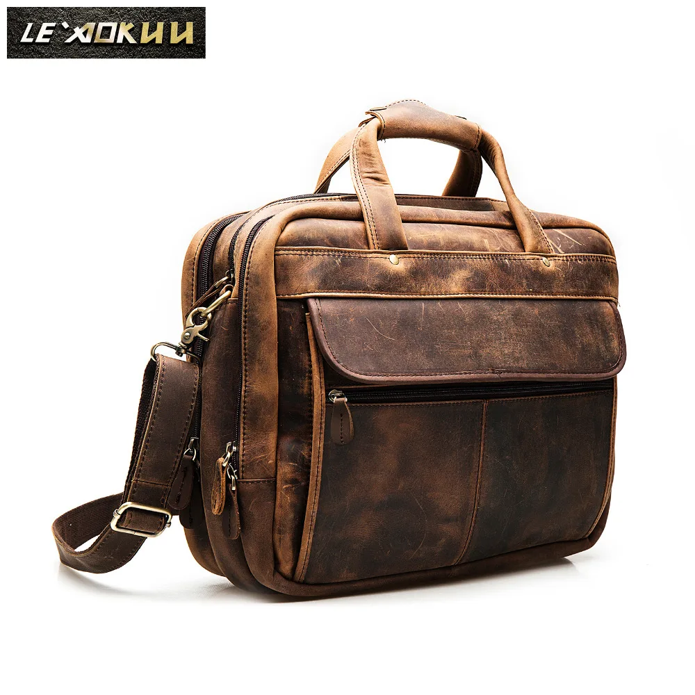Top Quality Men Leather Antique Retro Travel Briefcase Business 15.6