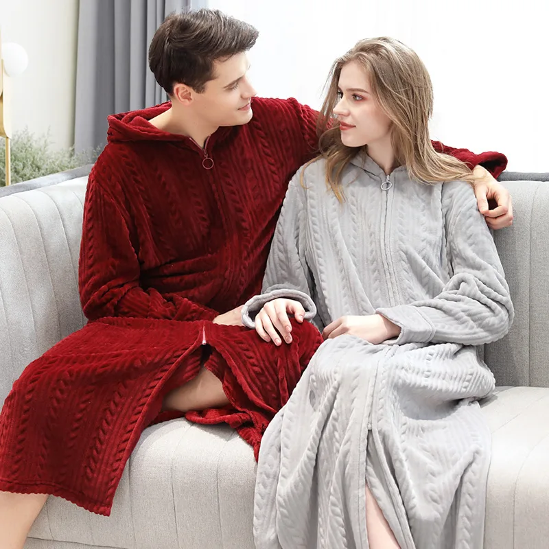 Men's Thick Winter Bathrobe Hooded Flannel Warm Long Robes Couples Fleece Zipper Kimono Lounge Wear 2022 New Male Bath Robe