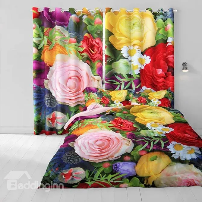 Vibrant Colorful Flowers Print Satin Drill 3-Piece Cotton Duvet Cover Sets | Дом и сад