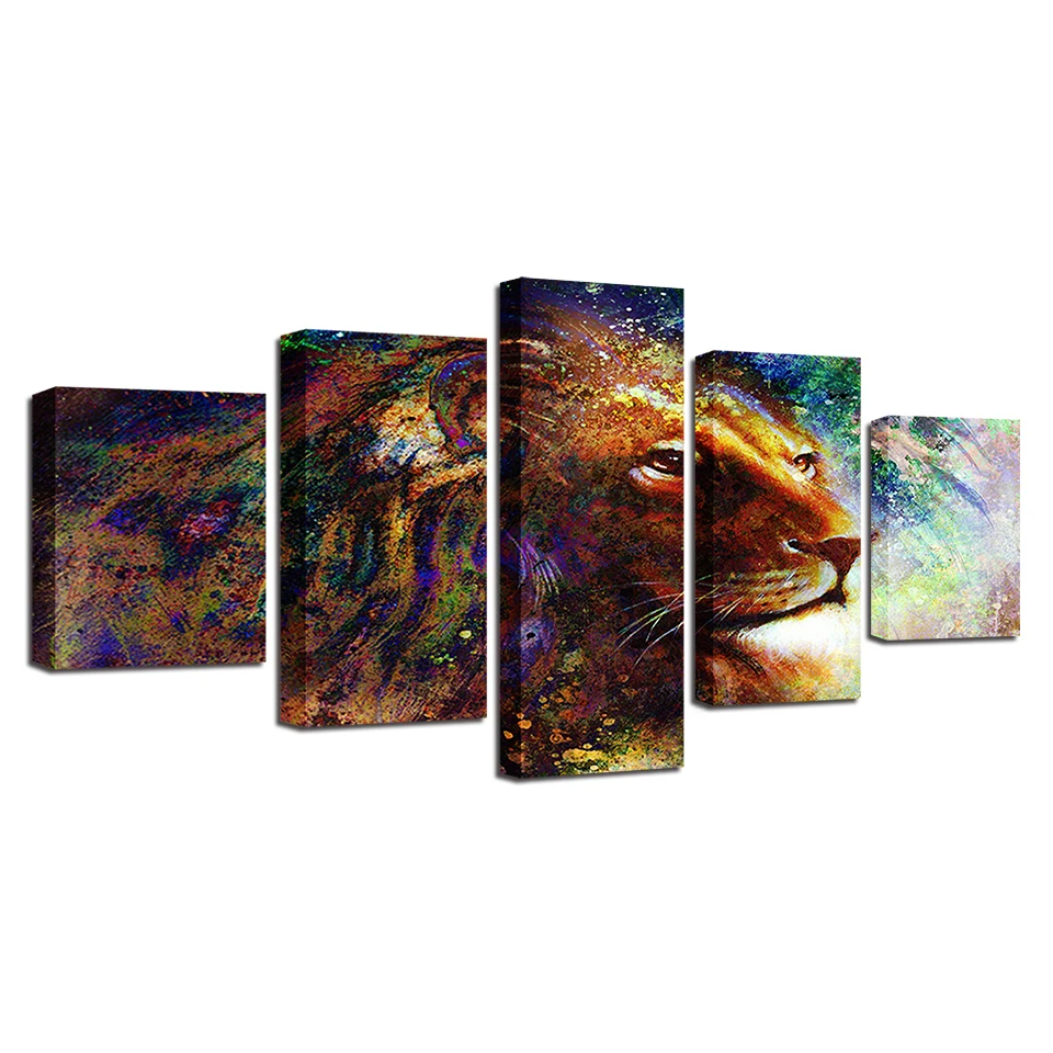 Модульные картины на холсте настенные 5 шт. красочная картина с Львом для