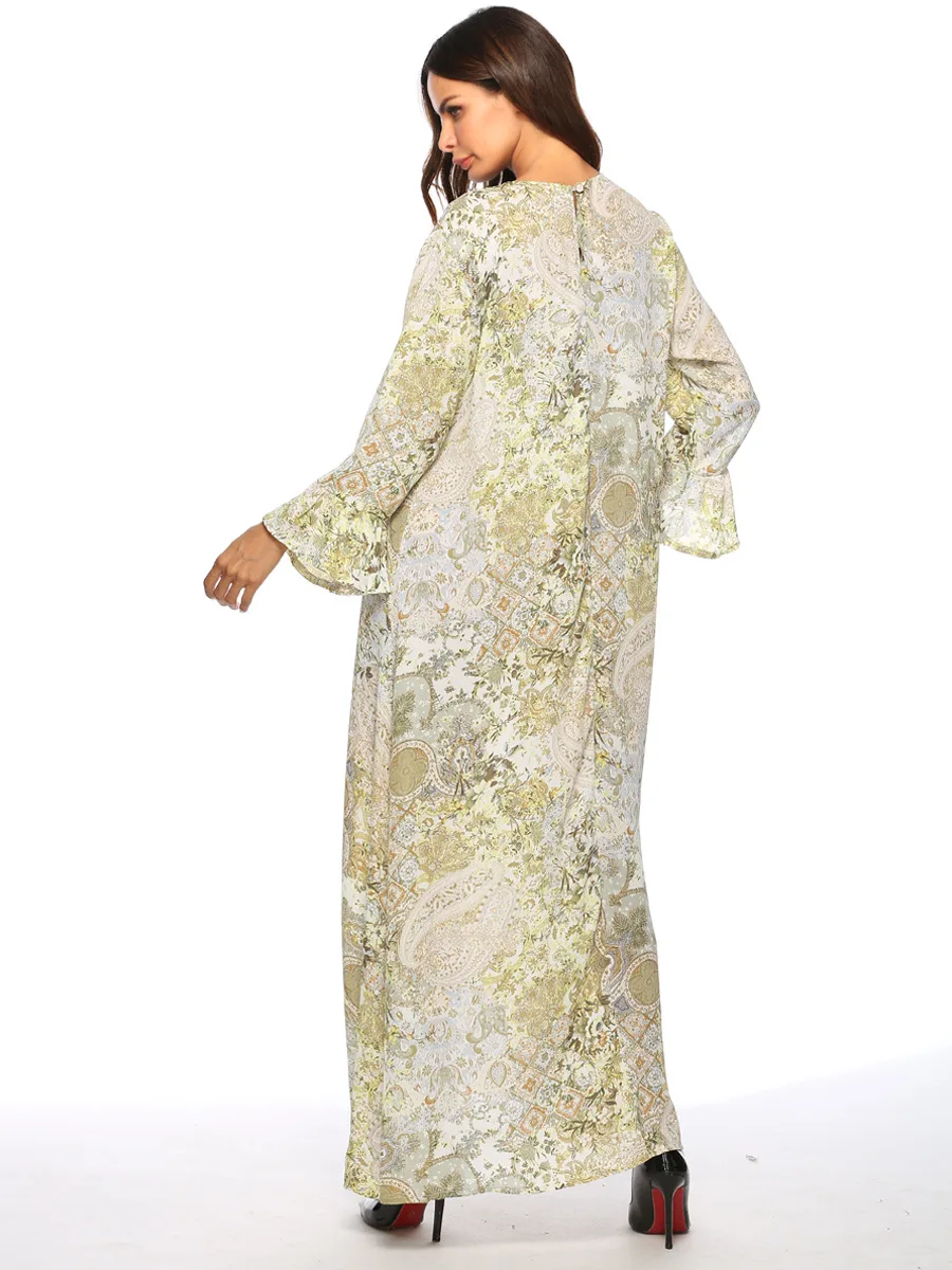 

Summer Women Chiffon Muslim Dress Plus Size Flare Sleeve Loose Abaya Arabic Dubai Moroccan Islamic Ramadan Ethnic Gowns VKDR1674
