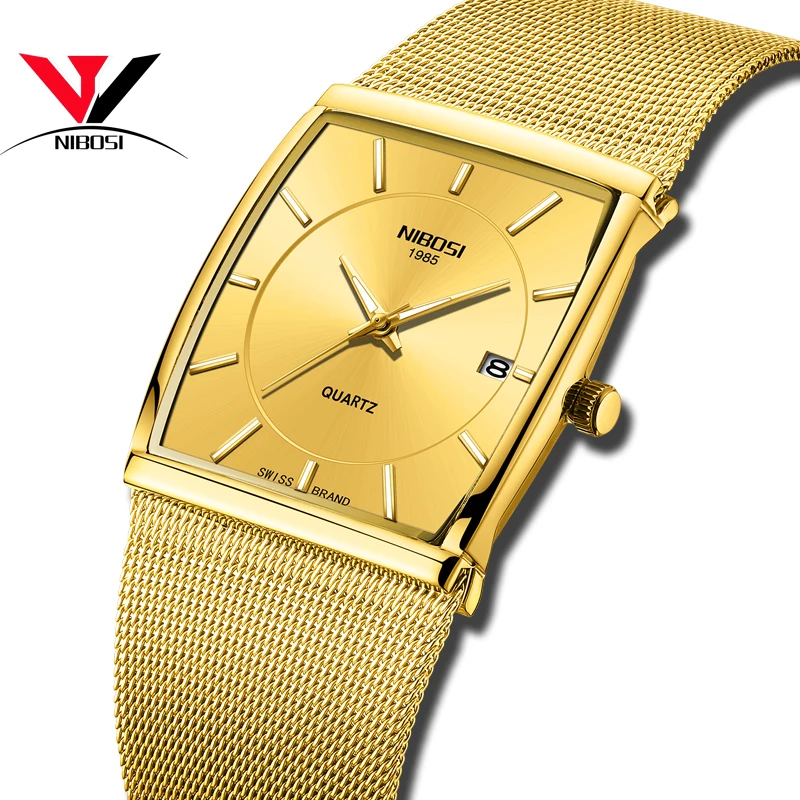 NIBOSI Luxury Brand Gold Square Mens Watches Business Watch Mens Military Quartz Watches Stainless Steel Strap Casual Wristwatch