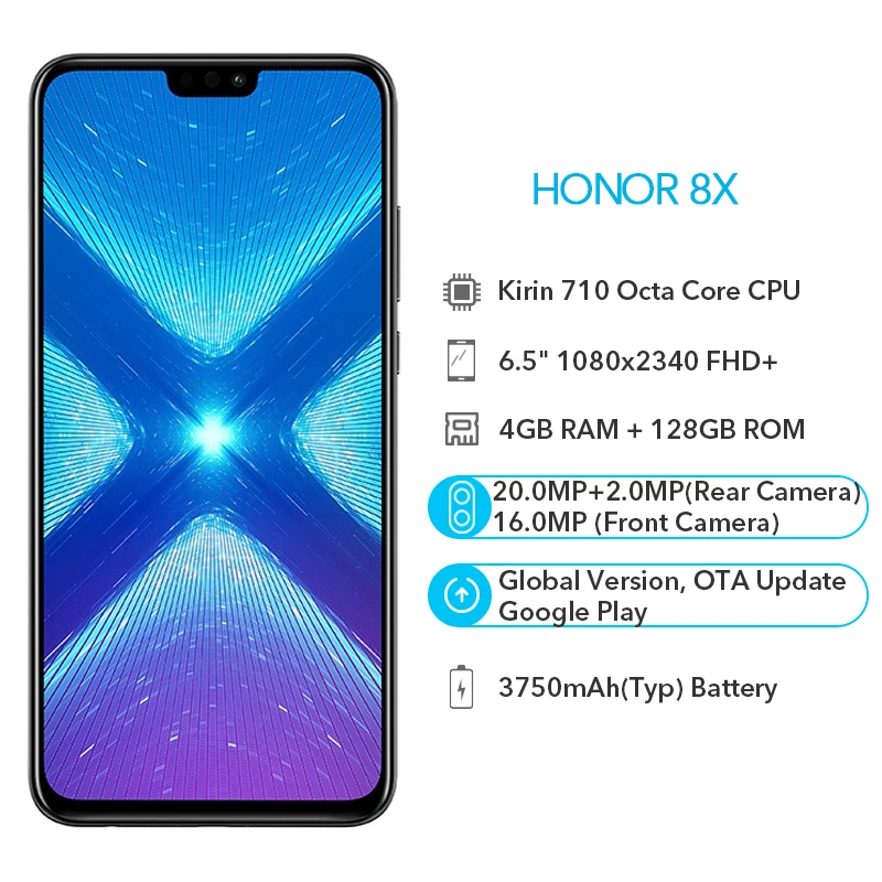 Глобальная версия huawei Honor 8X128 GB rom 4 ram Octa Core 20 MP двойная задняя камера Google Play 6 5