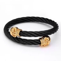 luxury braided stainless steel open cuff skull bracelets men male sporty bangles trendy male charm skeleton jewelry pulsera