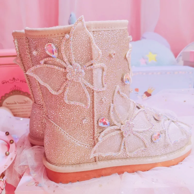 Glitter Boots Women Sweet Butterfly Rhinestones Flat Snow Boots Warm Plush Winter Boots Sparkling Crystal Winter Shoes Woman