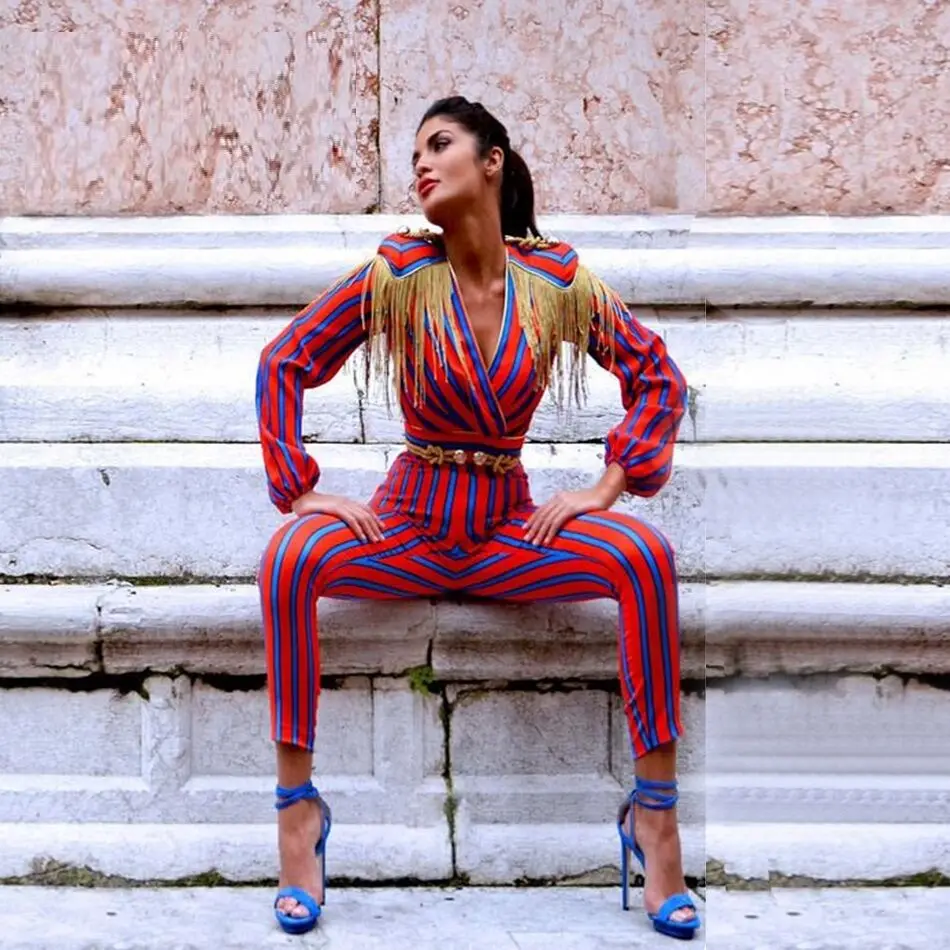 Женский Осенний комбинезон облегающий с длинным рукавом красный синий в полоску