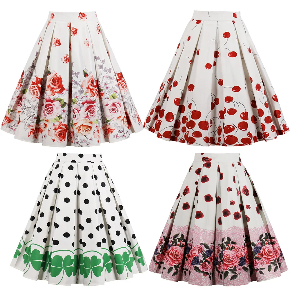 Женская винтажная юбка в горошек с высокой талией и принтом вишни летняя