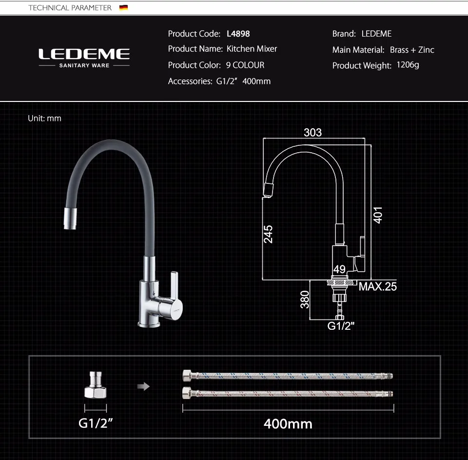 LEDEME Смеситель для кухни с силиконовым изливом латунь Цвет: хром+красный L4898-1