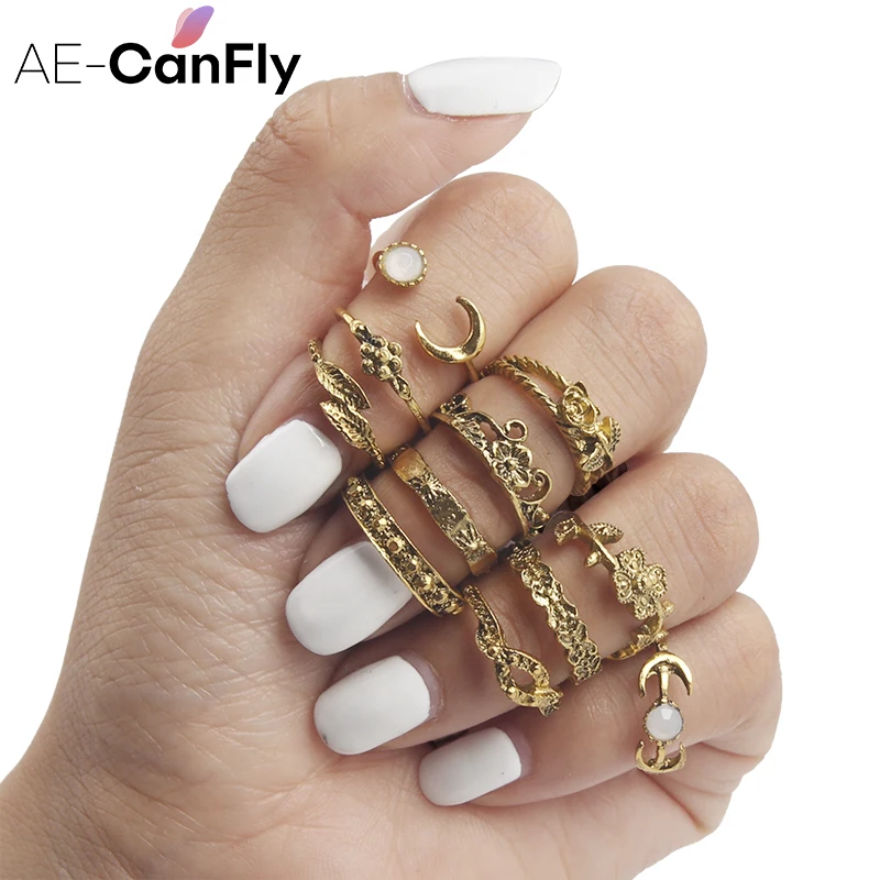 AE-CANFLY11pcs/набор колец для женщин в винтажном стиле с цветочным принтом Луна Звезды